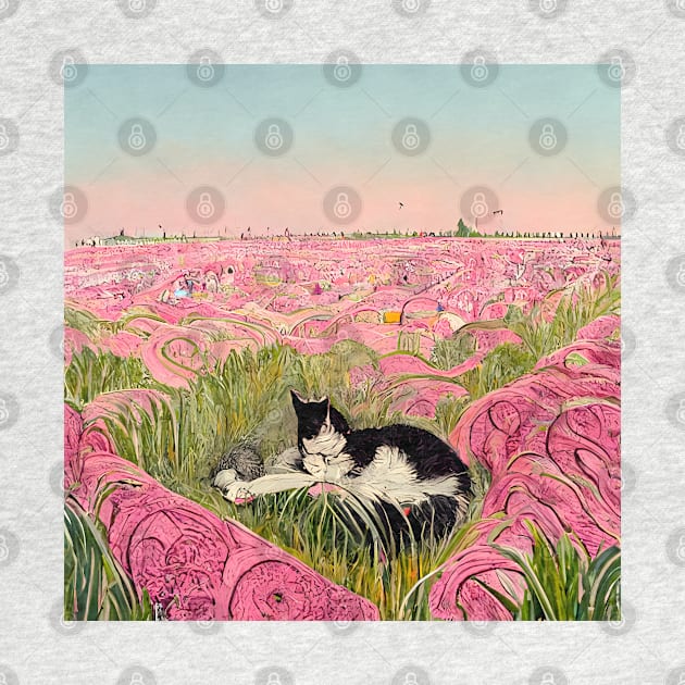 Cat sitting in flower field by endage